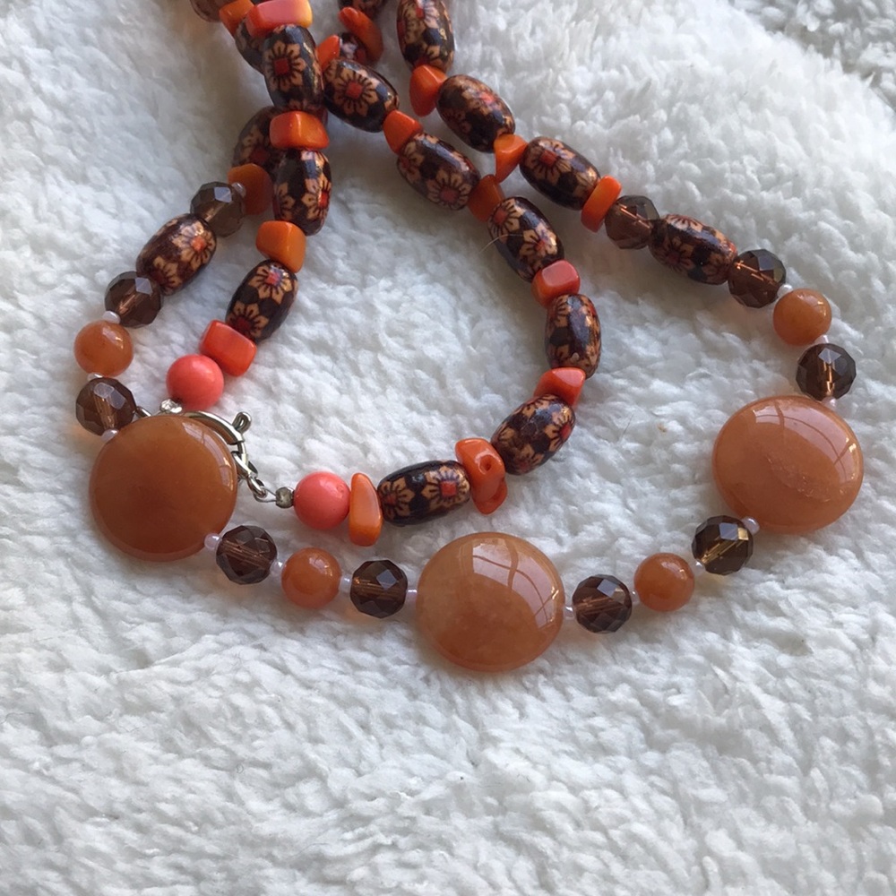 Fall colors! Beaded long necklace. Orange, browns, peach colors.